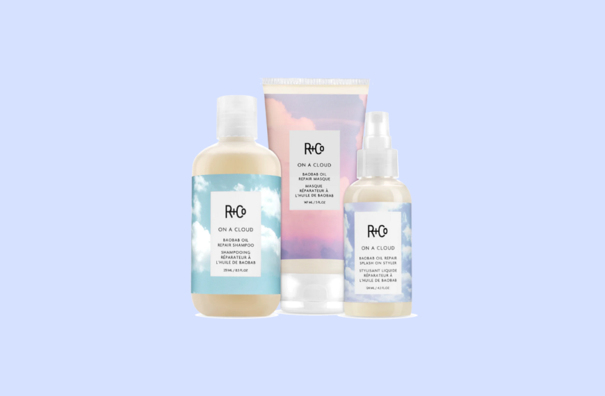 photo featuring three r+co hair produts with a periwinkle colored background