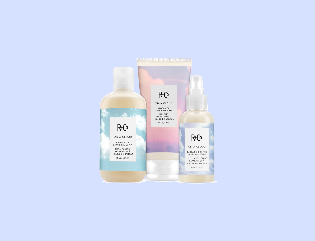 photo featuring three r+co hair produts with a periwinkle colored background